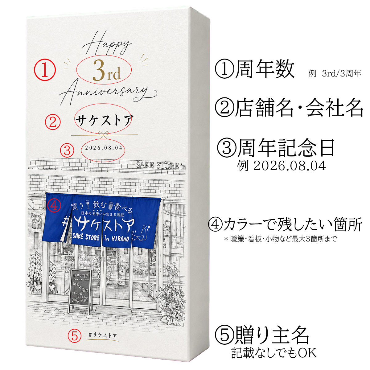 飲食店の周年祝いに・店舗写真を線画にしたオリジナルギフト化粧箱