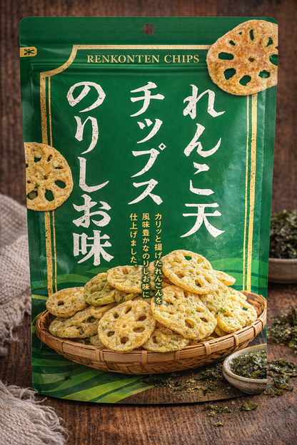 れんこん天チップス のりしお味 50g 1ケース販売（12袋） カリサク食感 お酒のおつまみ 便利なチャックつき