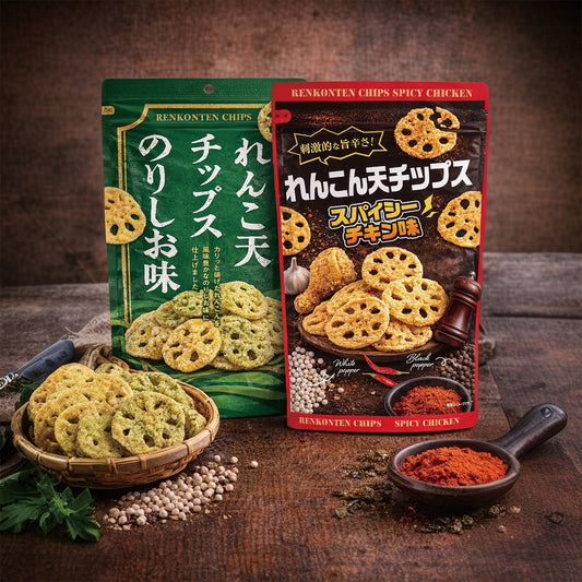 れんこんチップス 2種 のりしお味&スパイシーチキン味 50g×2 カリサク食感 お酒のおつまみ 便利なチャックつき